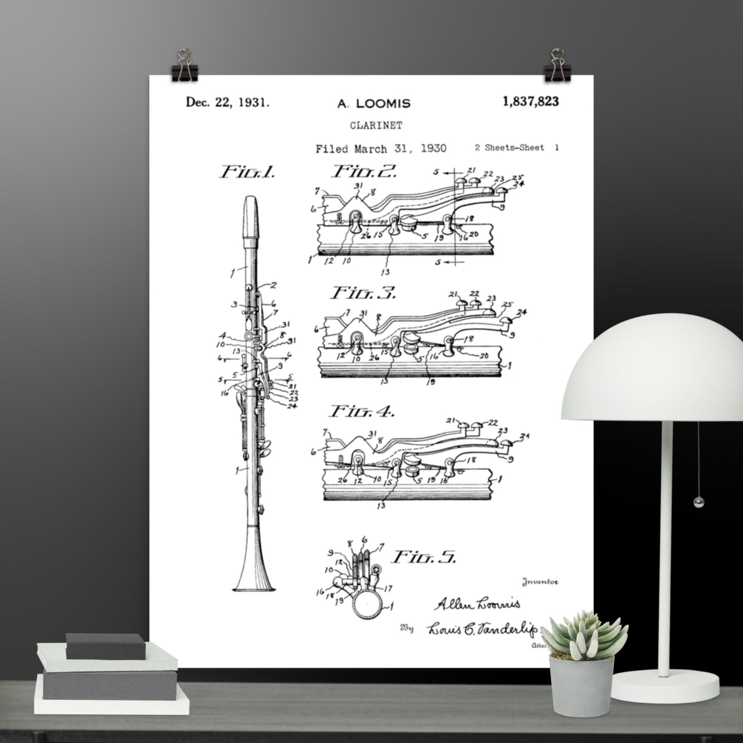 Póster de patente de clarinete vintage - Impresión de patente de A. Loomis de 1931