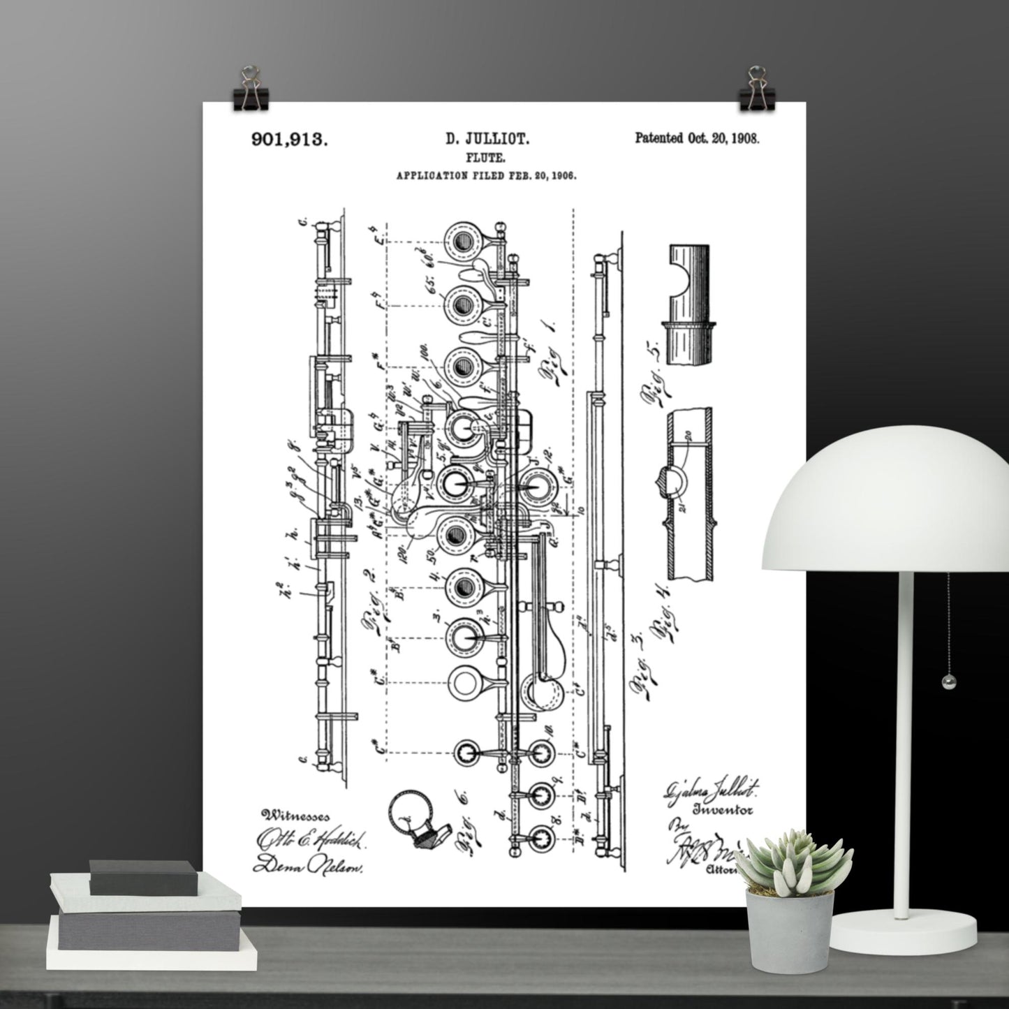 Póster de patente de flauta vintage - Impresión de patente de D. Julliot de 1908