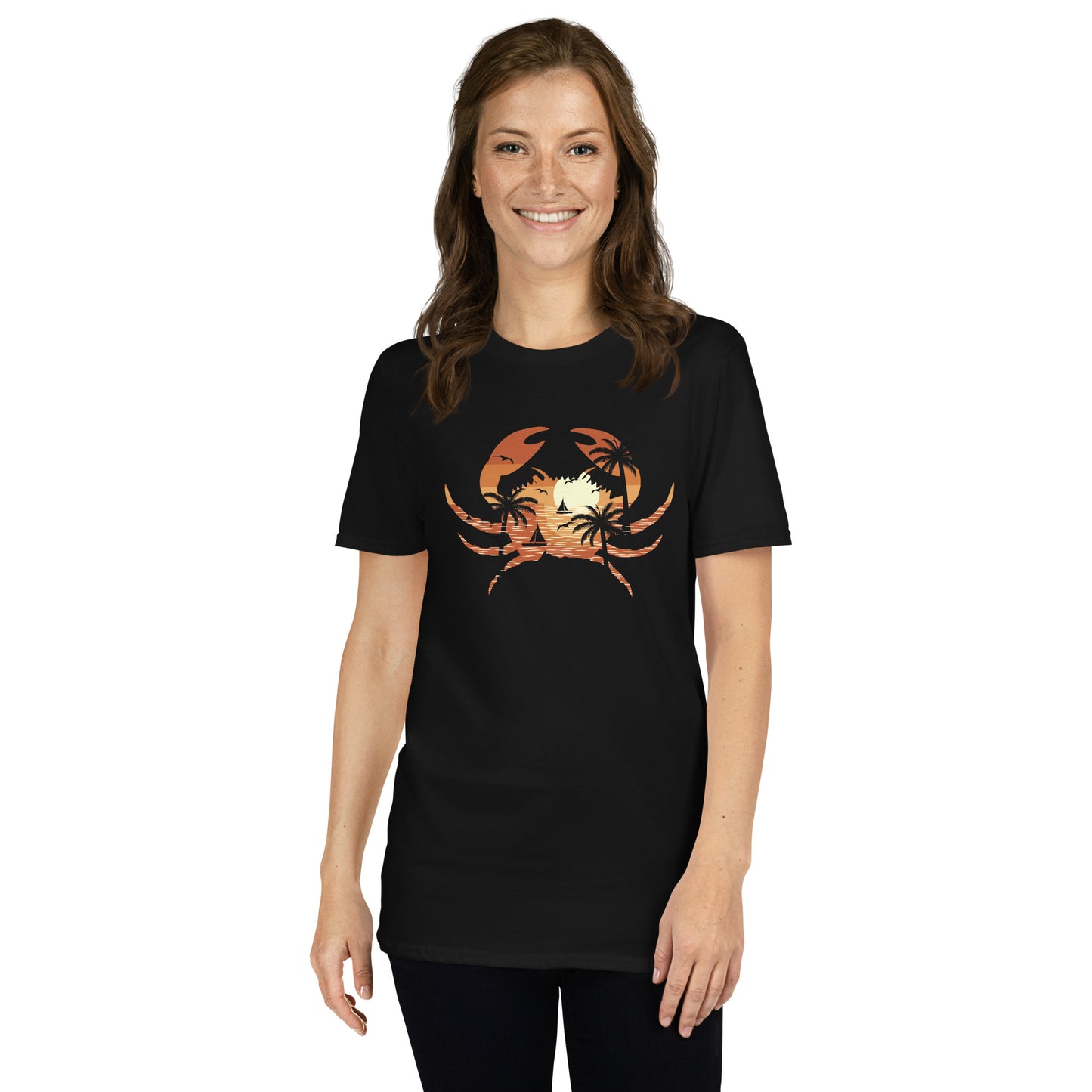 Camiseta con gráfico de cangrejo al atardecer tropical