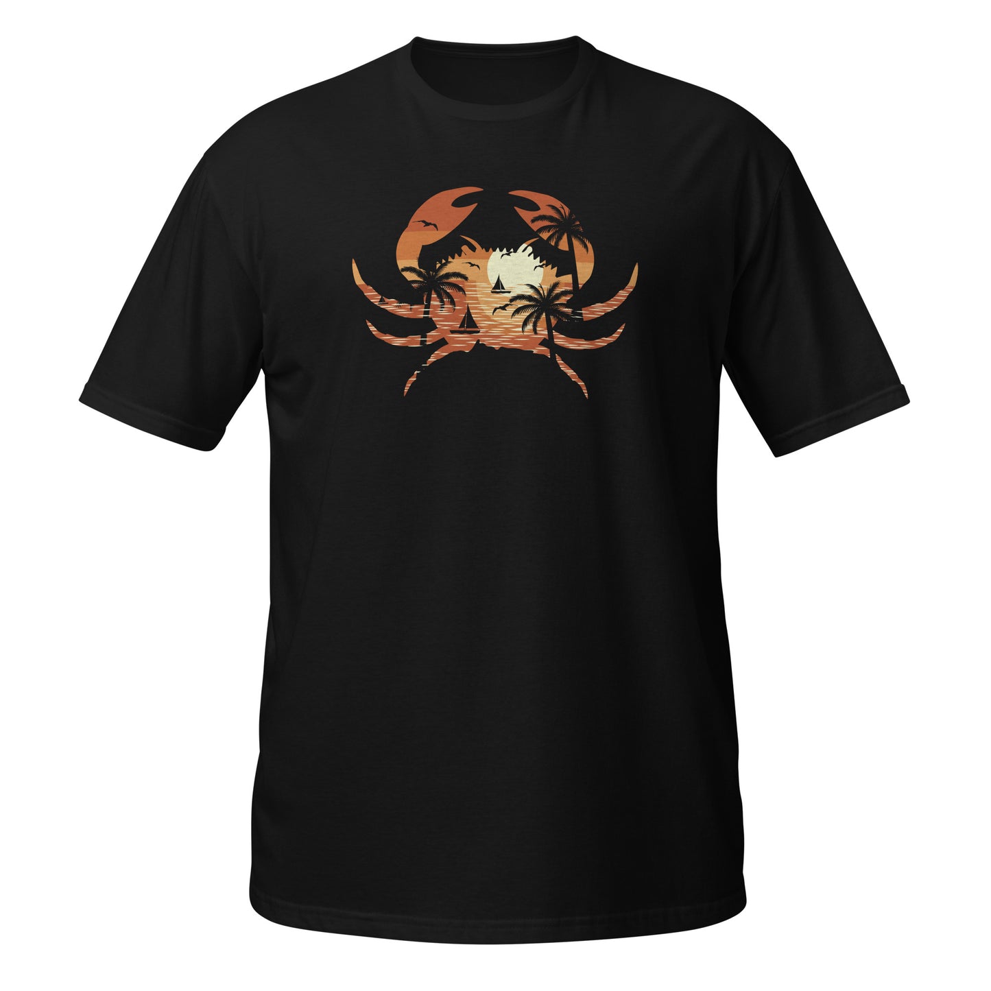 Camiseta con gráfico de cangrejo al atardecer tropical