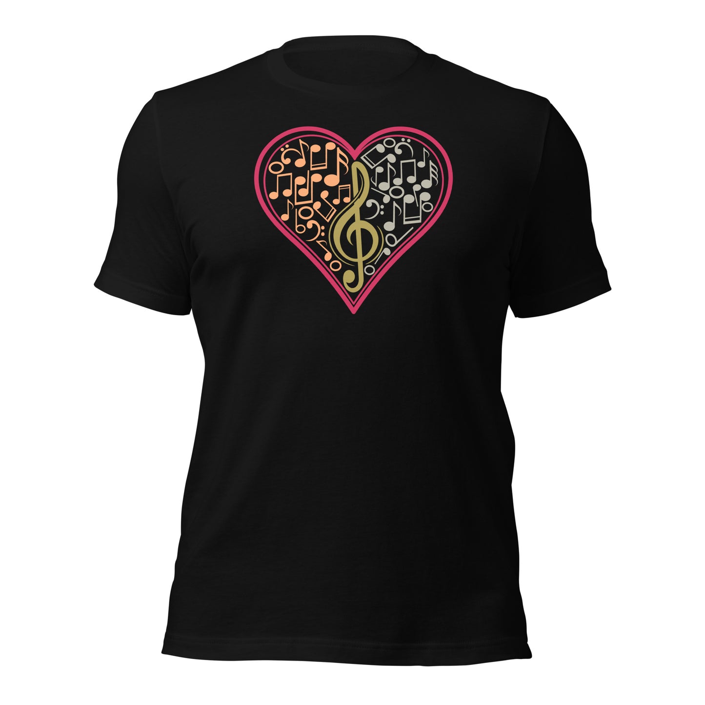 Camiseta con notas musicales en forma de corazón y clave de sol