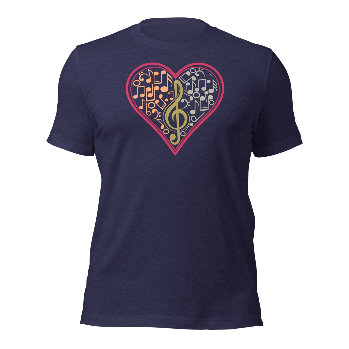 Camiseta con notas musicales en forma de corazón y clave de sol