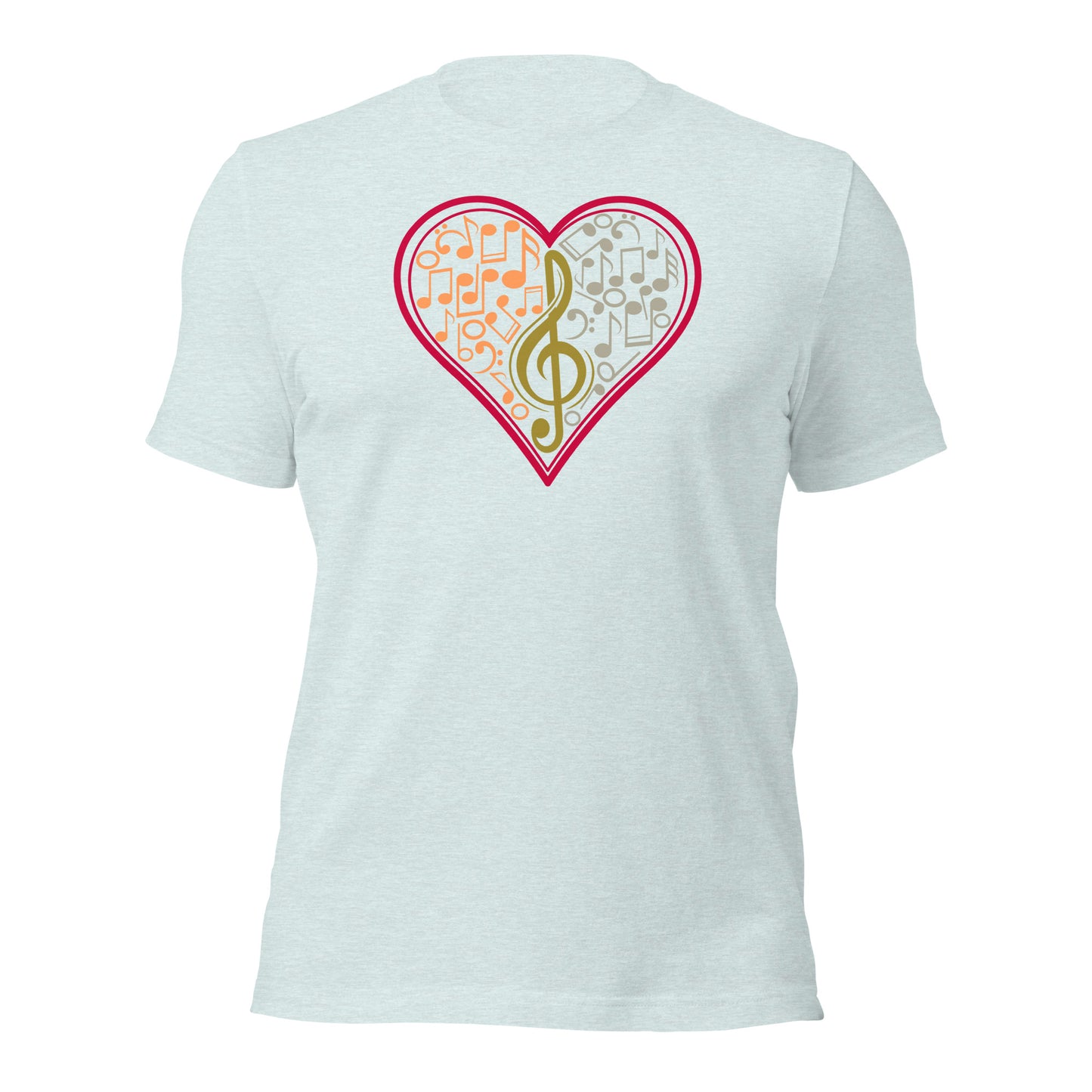 Camiseta con notas musicales en forma de corazón y clave de sol
