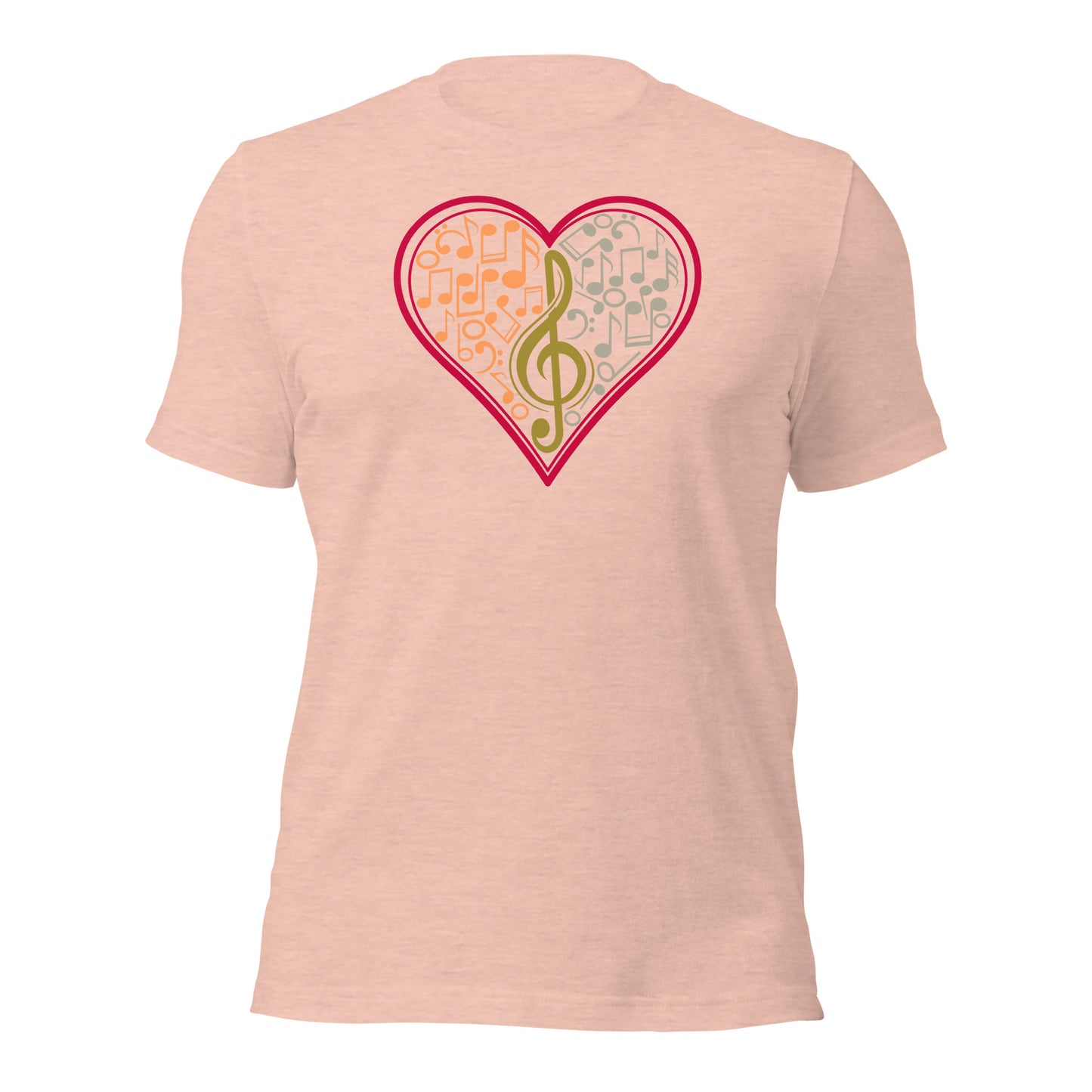 Camiseta con notas musicales en forma de corazón y clave de sol