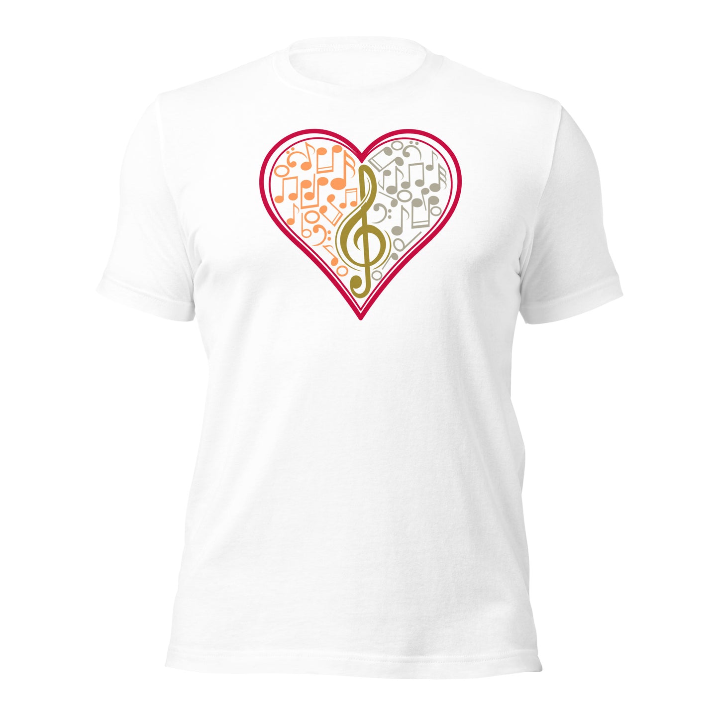 Camiseta con notas musicales en forma de corazón y clave de sol