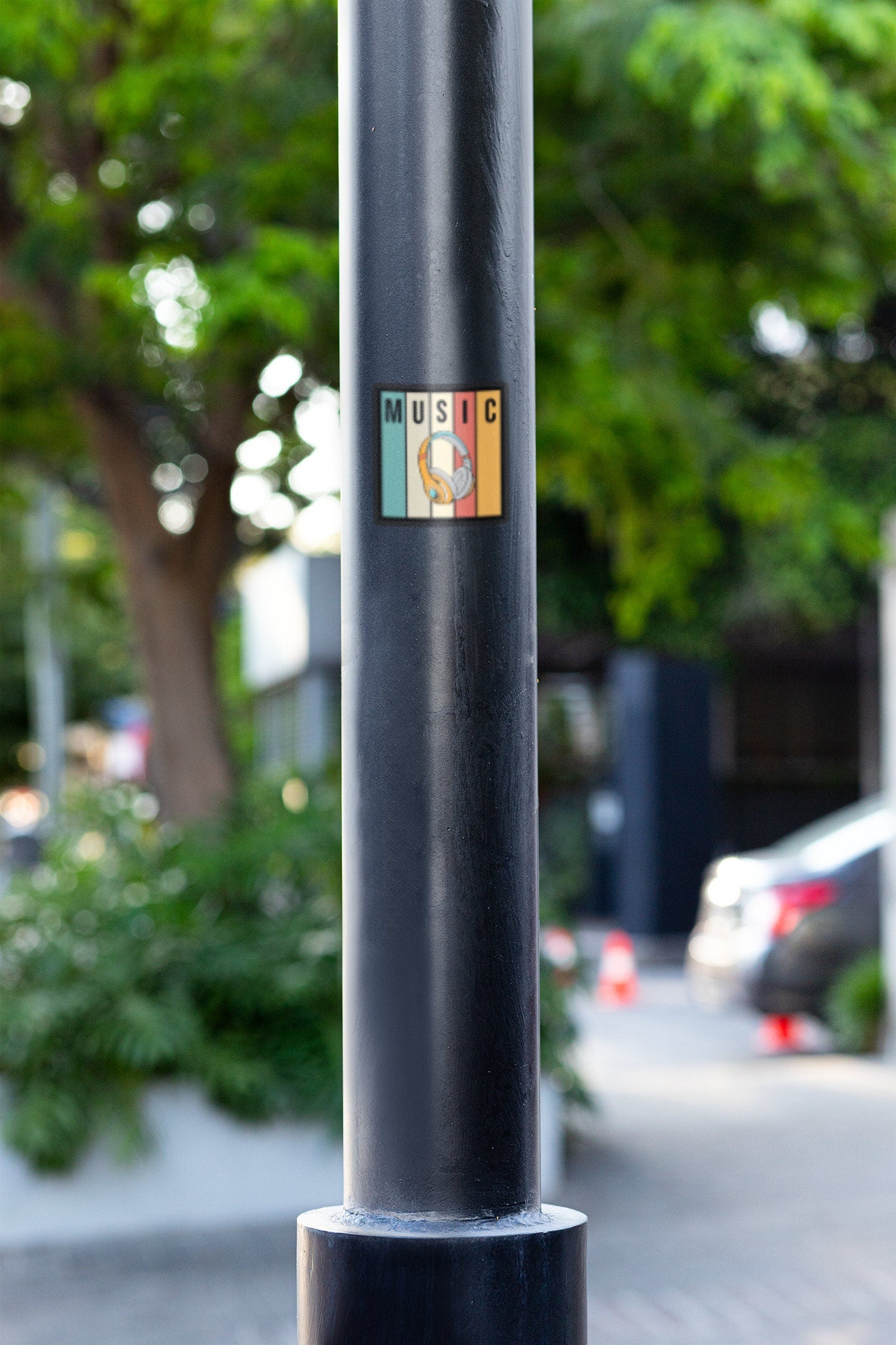 a close up of a pole with a sticker on it