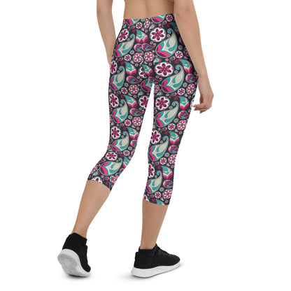 Leggings capri deportivos con estampado paisley en negro, rosa y azul