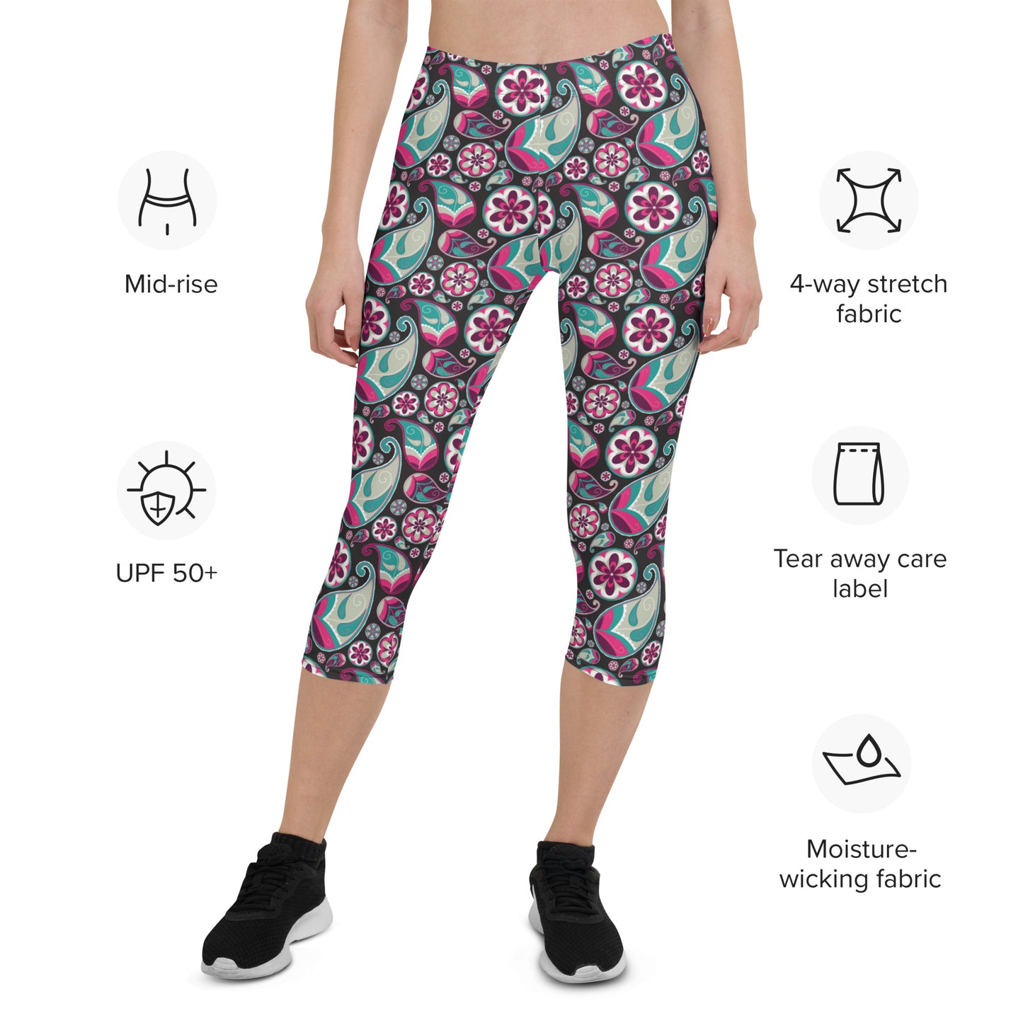 Black Pink & Blue Paisley Workout Capri Leggings