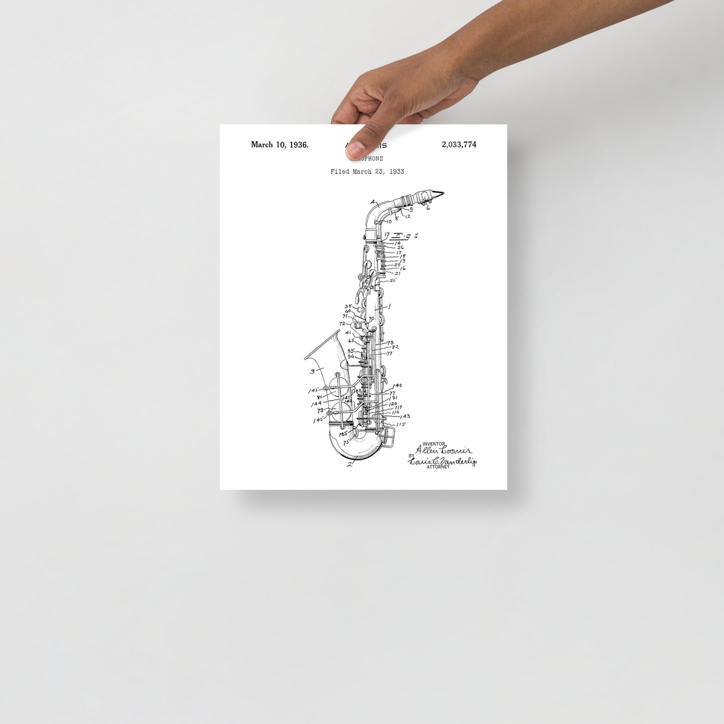 Vintage Saxophone Patent Poster - 1936 A. Loomis Patent Print