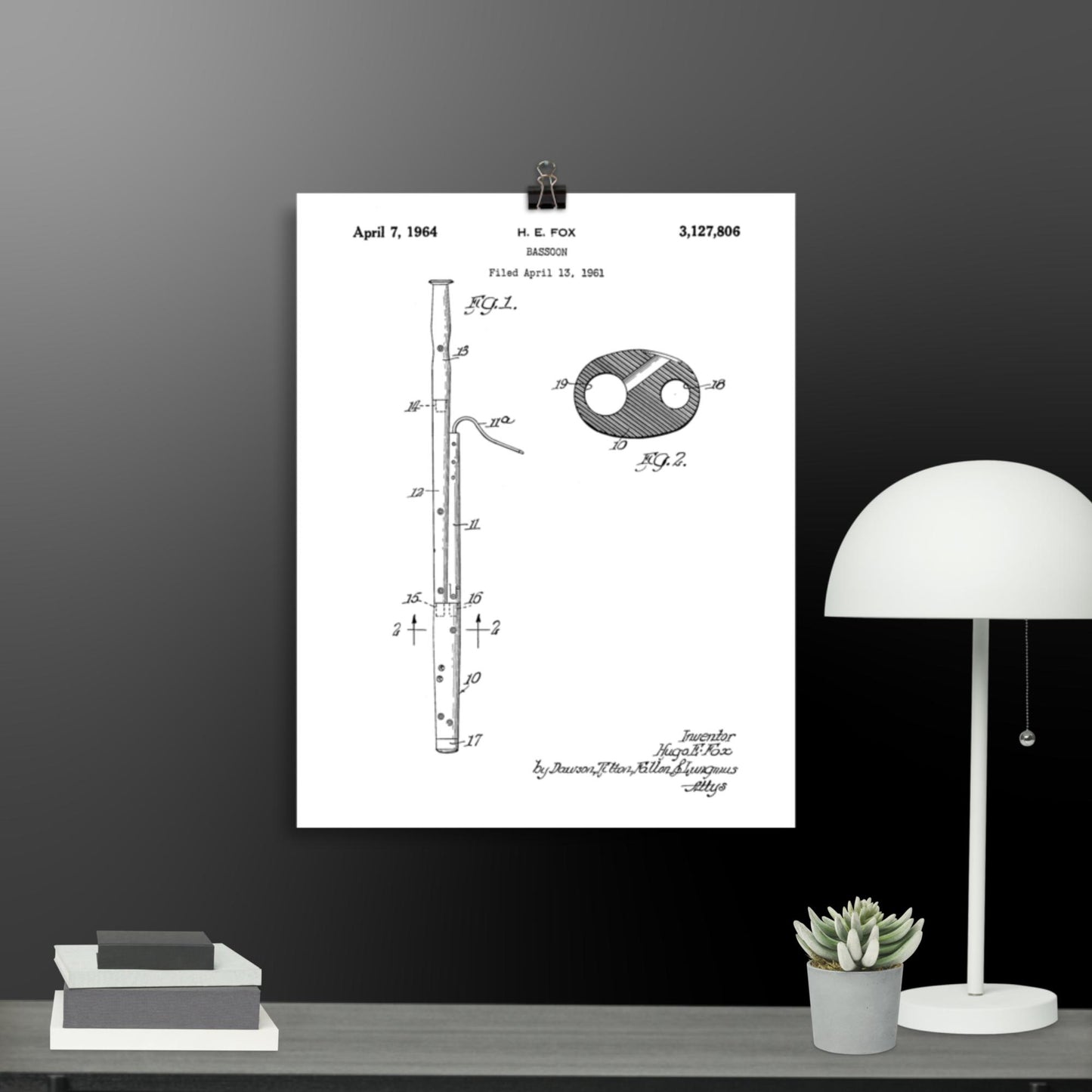 Vintage Bassoon Patent Poster - 1964 H.E. Fox Patent Print