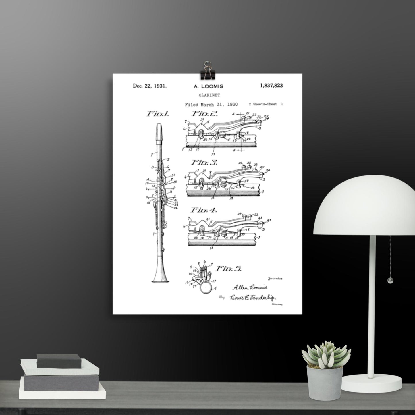 Vintage Clarinet Patent Poster - 1931 A. Loomis Patent Print