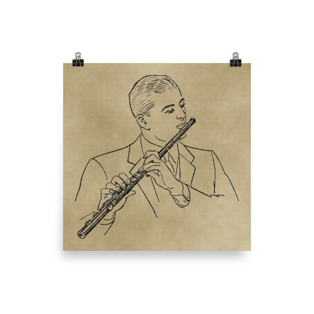 Vintage Flutist Line Art Poster