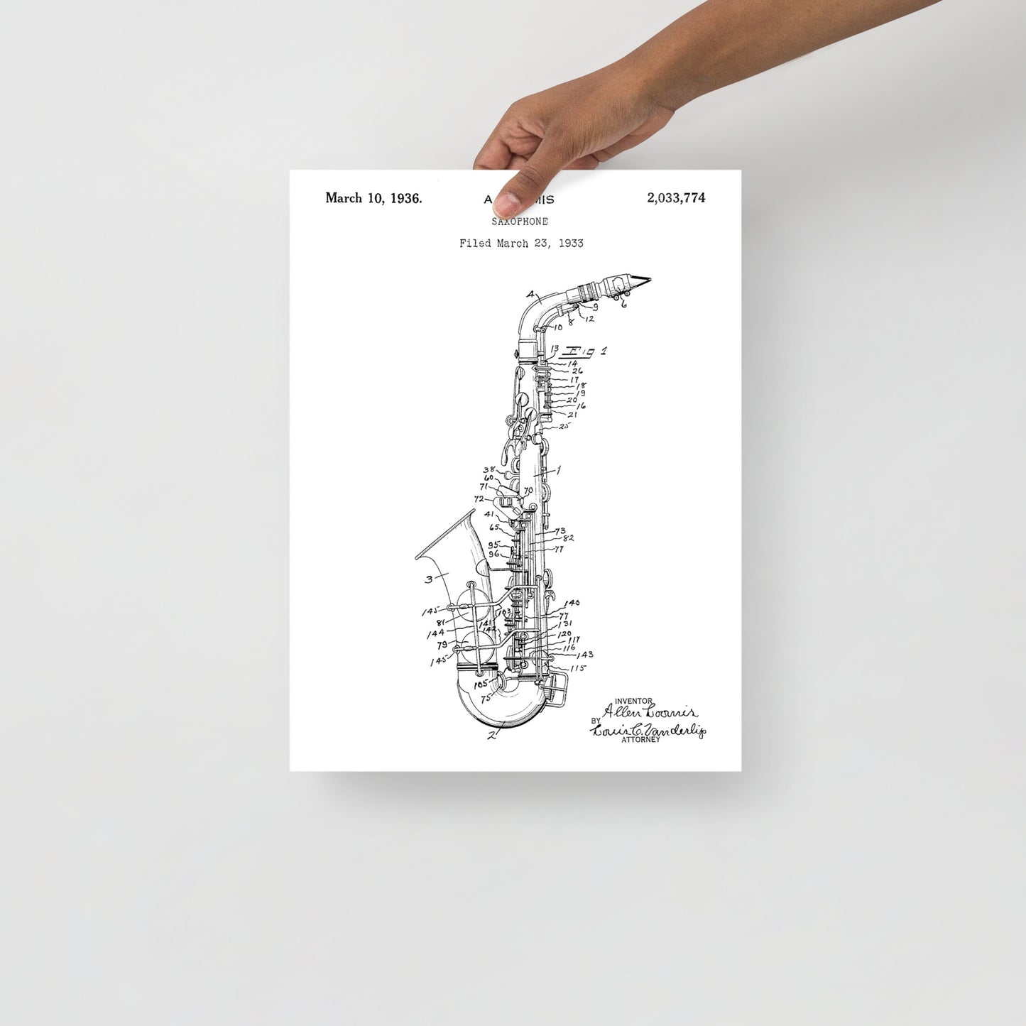 Vintage Saxophone Patent Poster - 1936 A. Loomis Patent Print