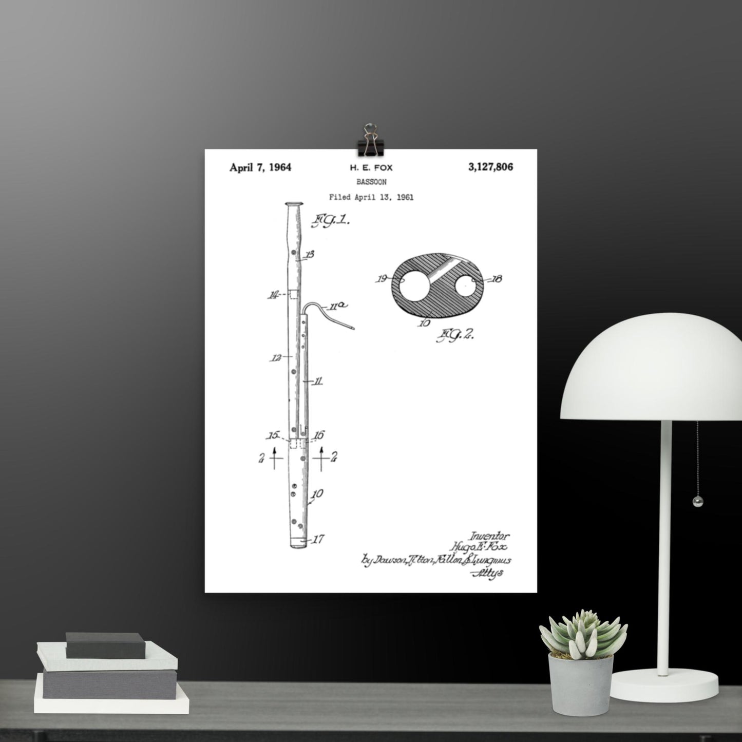 Vintage Bassoon Patent Poster - 1964 H.E. Fox Patent Print