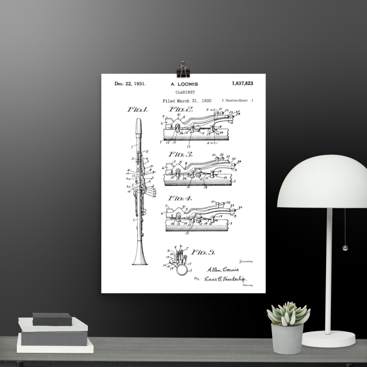 Vintage Clarinet Patent Poster - 1931 A. Loomis Patent Print