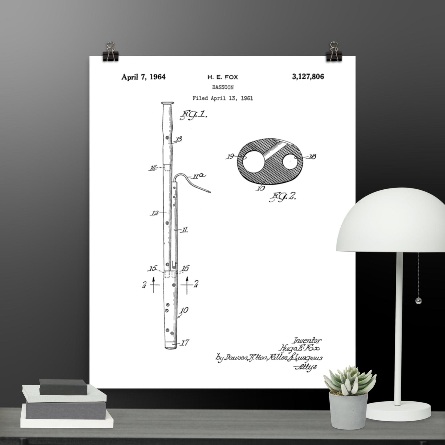 Vintage Bassoon Patent Poster - 1964 H.E. Fox Patent Print