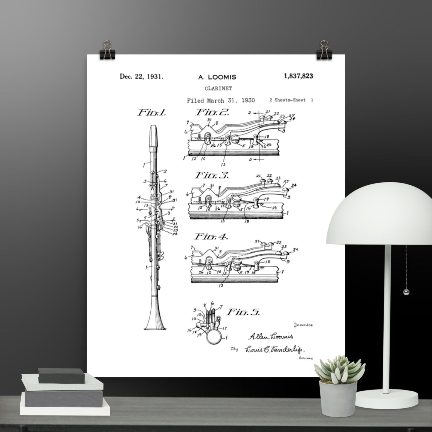 Vintage Clarinet Patent Poster - 1931 A. Loomis Patent Print