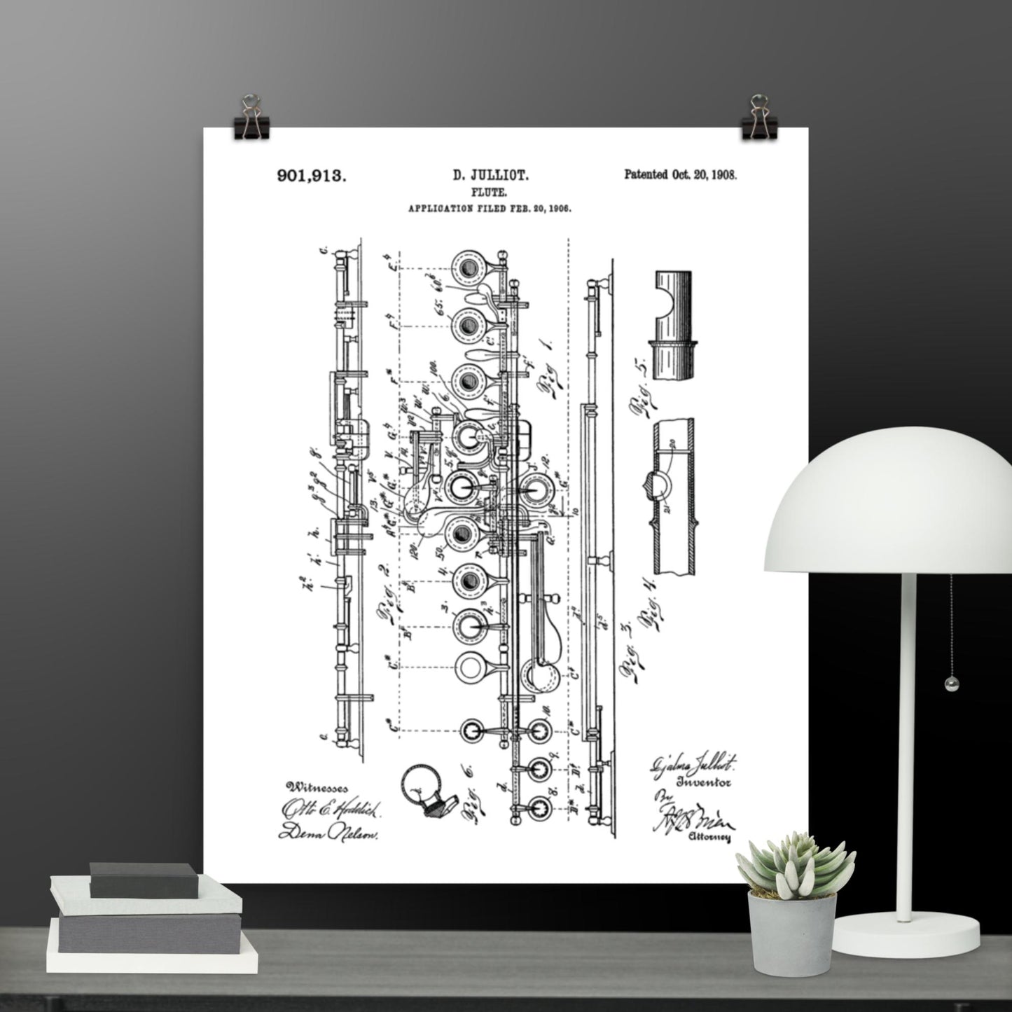 Vintage Flute Patent Poster - 1908 D. Julliot Patent Print