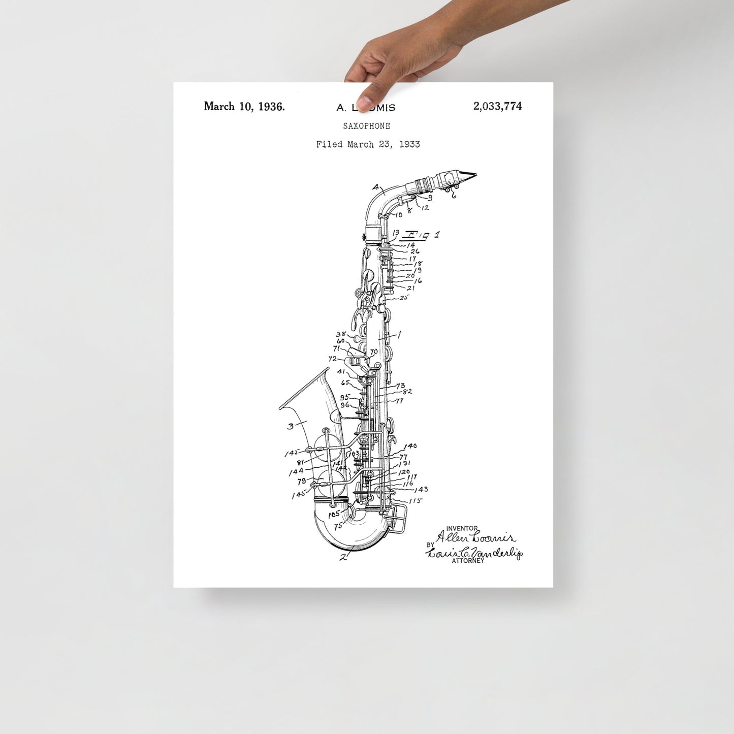 Vintage Saxophone Patent Poster - 1936 A. Loomis Patent Print