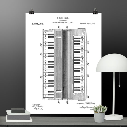 Vintage Accordion Patent Poster - 1917 R. Carbonari Patent Print