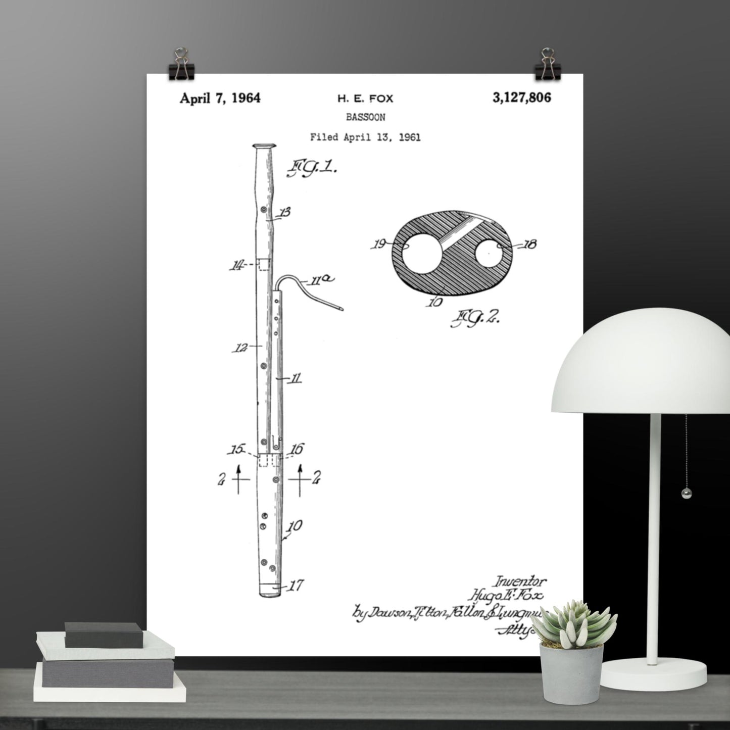 Vintage Bassoon Patent Poster - 1964 H.E. Fox Patent Print