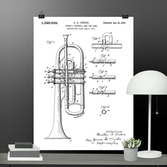 Vintage Cornet and Trumpet Patent Poster - 1920 G.A. Enders Patent Print