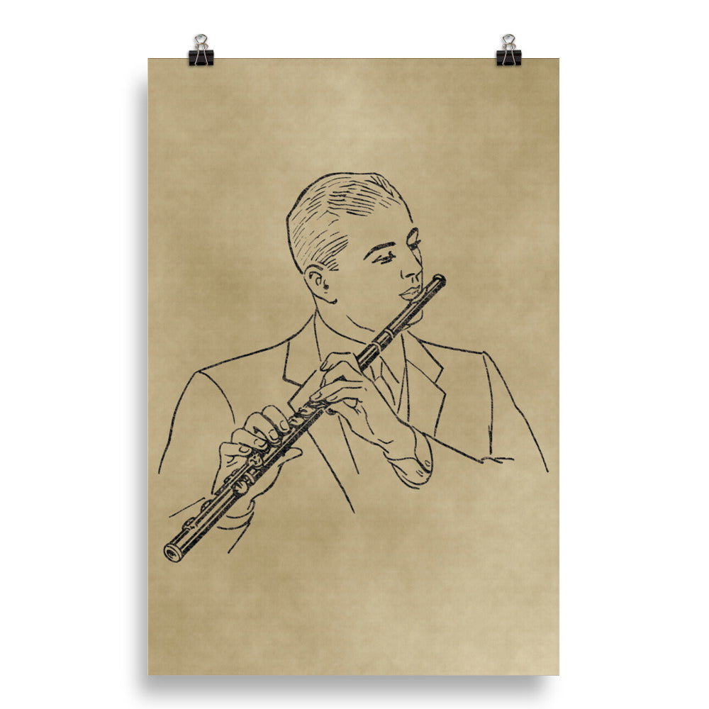 Vintage Flutist Line Art Poster