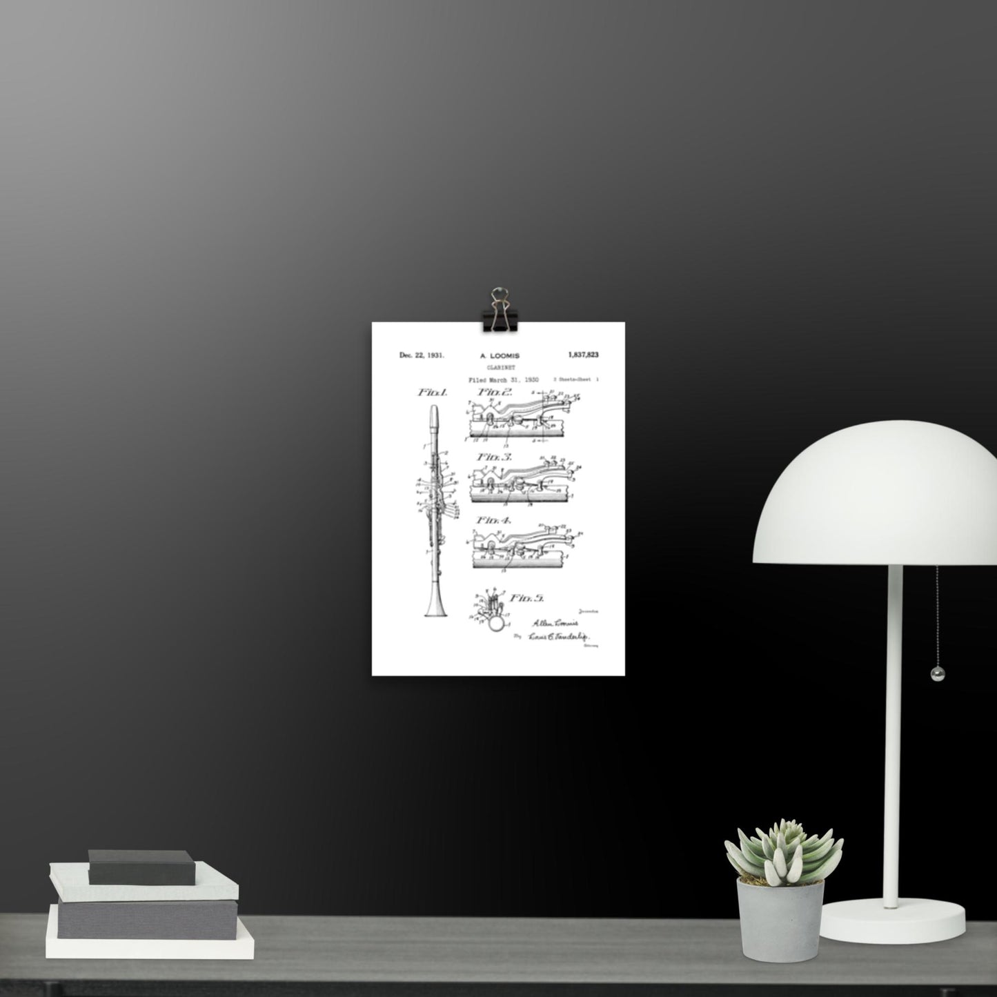 Vintage Clarinet Patent Poster - 1931 A. Loomis Patent Print