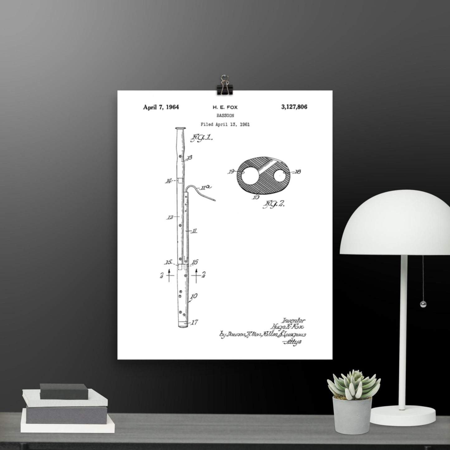 Vintage Bassoon Patent Poster - 1964 H.E. Fox Patent Print