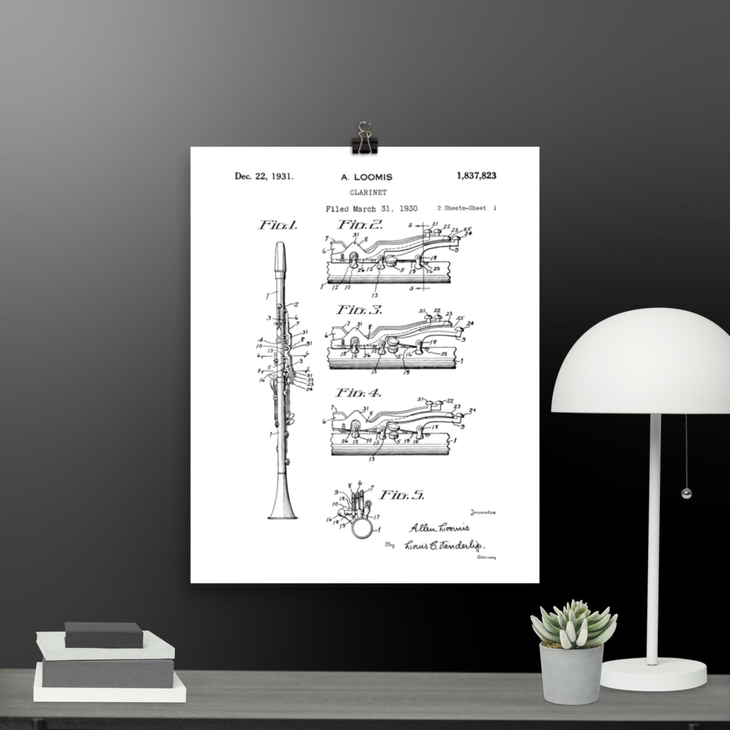 Vintage Clarinet Patent Poster - 1931 A. Loomis Patent Print