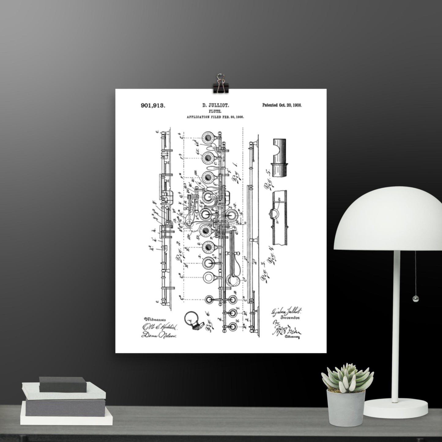 Vintage Flute Patent Poster - 1908 D. Julliot Patent Print