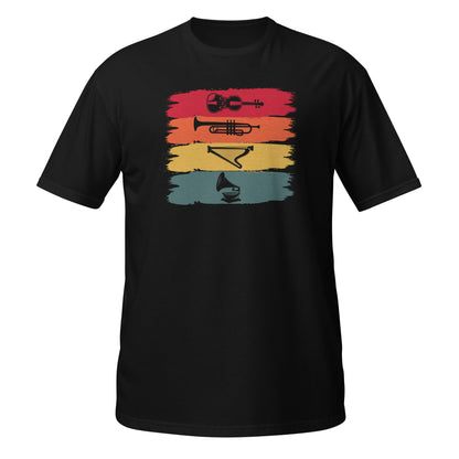 Armonía de instrumentos clásicos: camiseta de violín, trompeta, arpa y gramófono