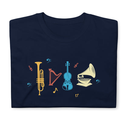 Armonía en cada nota - Camiseta de trompeta, arpa, violín y gramófono