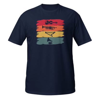 Armonía de instrumentos clásicos: camiseta de violín, trompeta, arpa y gramófono