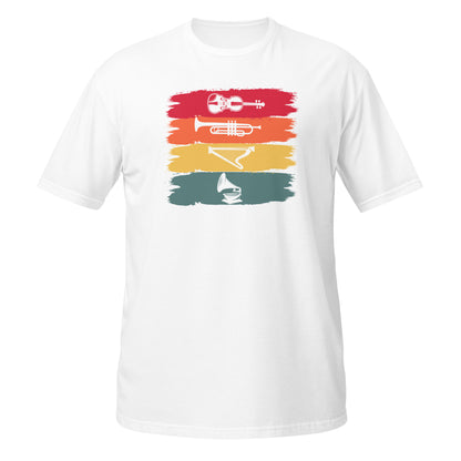 Armonía de instrumentos clásicos: camiseta de violín, trompeta, arpa y gramófono