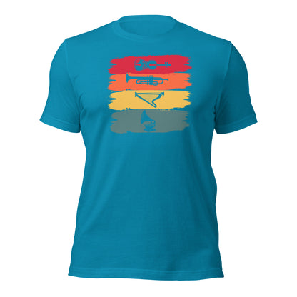 Camiseta de armonía de instrumentos vintage: violín, trompeta, arpa y gramófono