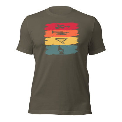 Camiseta de armonía de instrumentos vintage: violín, trompeta, arpa y gramófono