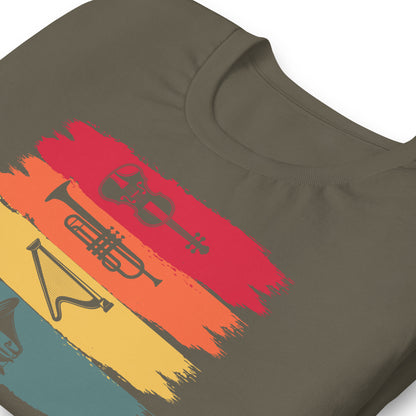 Camiseta de armonía de instrumentos vintage: violín, trompeta, arpa y gramófono