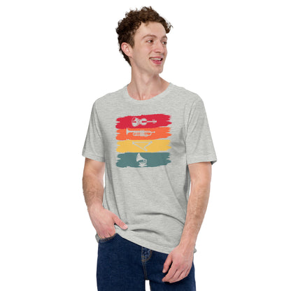 Camiseta de armonía de instrumentos vintage: violín, trompeta, arpa y gramófono
