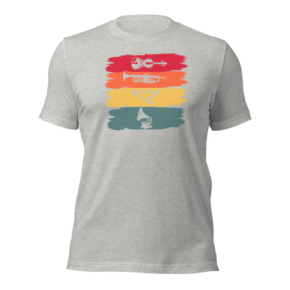 Camiseta de armonía de instrumentos vintage: violín, trompeta, arpa y gramófono
