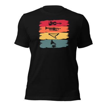 Camiseta de armonía de instrumentos vintage: violín, trompeta, arpa y gramófono