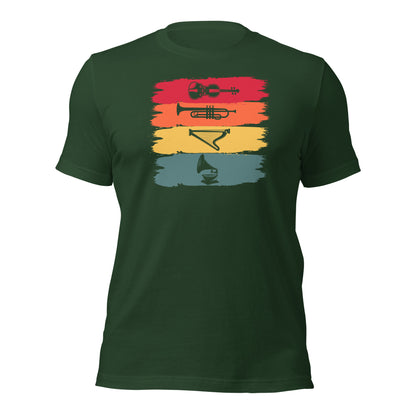 Camiseta de armonía de instrumentos vintage: violín, trompeta, arpa y gramófono