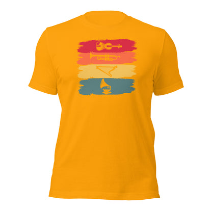 Camiseta de armonía de instrumentos vintage: violín, trompeta, arpa y gramófono