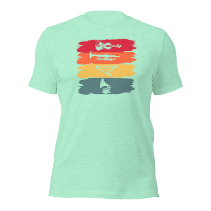 Camiseta de armonía de instrumentos vintage: violín, trompeta, arpa y gramófono