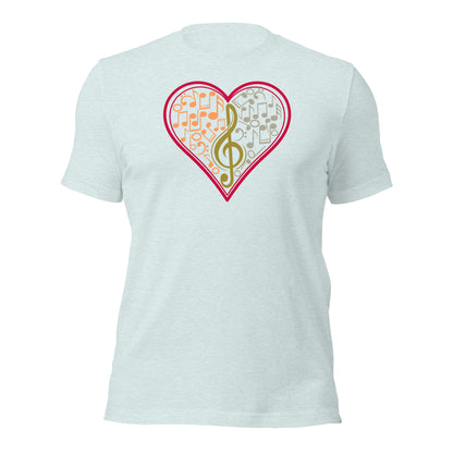 Camiseta con notas musicales en forma de corazón y clave de sol