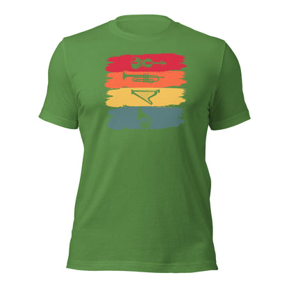 Camiseta de armonía de instrumentos vintage: violín, trompeta, arpa y gramófono