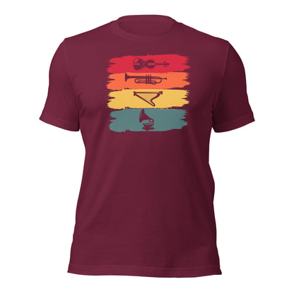 Camiseta de armonía de instrumentos vintage: violín, trompeta, arpa y gramófono