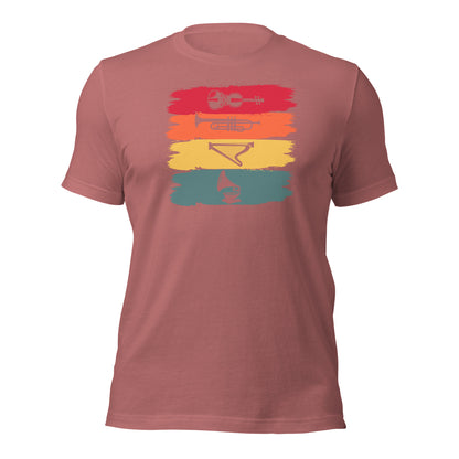 Camiseta de armonía de instrumentos vintage: violín, trompeta, arpa y gramófono