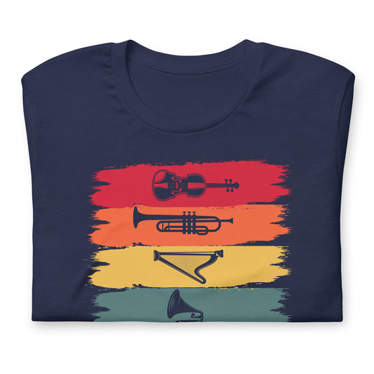 Camiseta de armonía de instrumentos vintage: violín, trompeta, arpa y gramófono