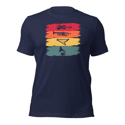 Camiseta de armonía de instrumentos vintage: violín, trompeta, arpa y gramófono